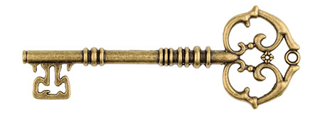 Gold key with ornate pattern on the handle.